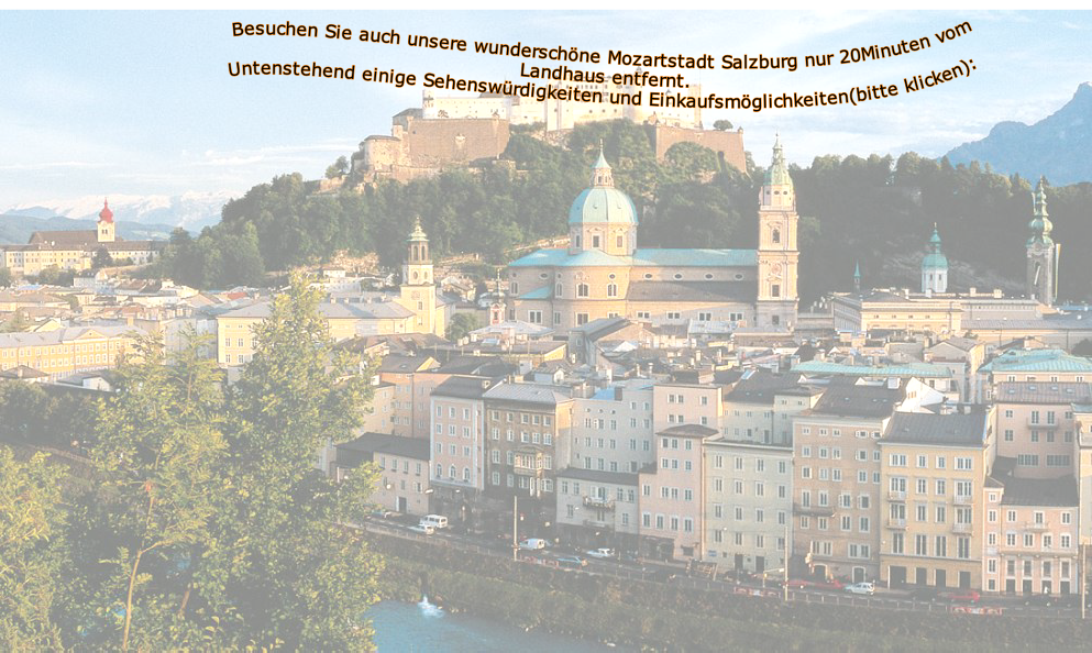 Besuchen Sie auch unsere wunderschÃ¶ne Mozartstadt Salzburg nur 20Minuten vom Landhaus entfernt.
Untenstehend einige SehenswÃ¼rdigkeiten und EinkaufsmÃ¶glichkeiten(bitte klicken):



